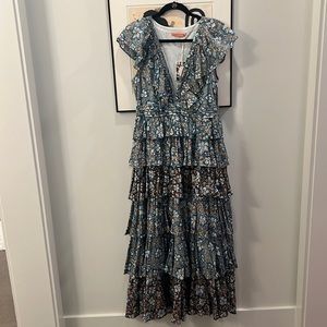 WT Oliphant Design Yoke Ruffle Maxi in Ivy, Blue and Gold